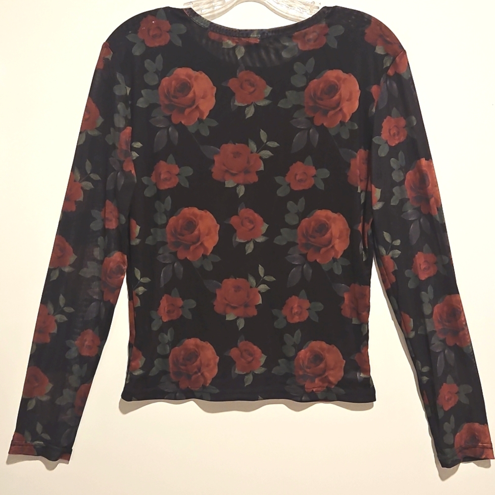 Black Red Roses Long Mesh Sleeve Top Orange Kiss XL - Picture 4 of 8